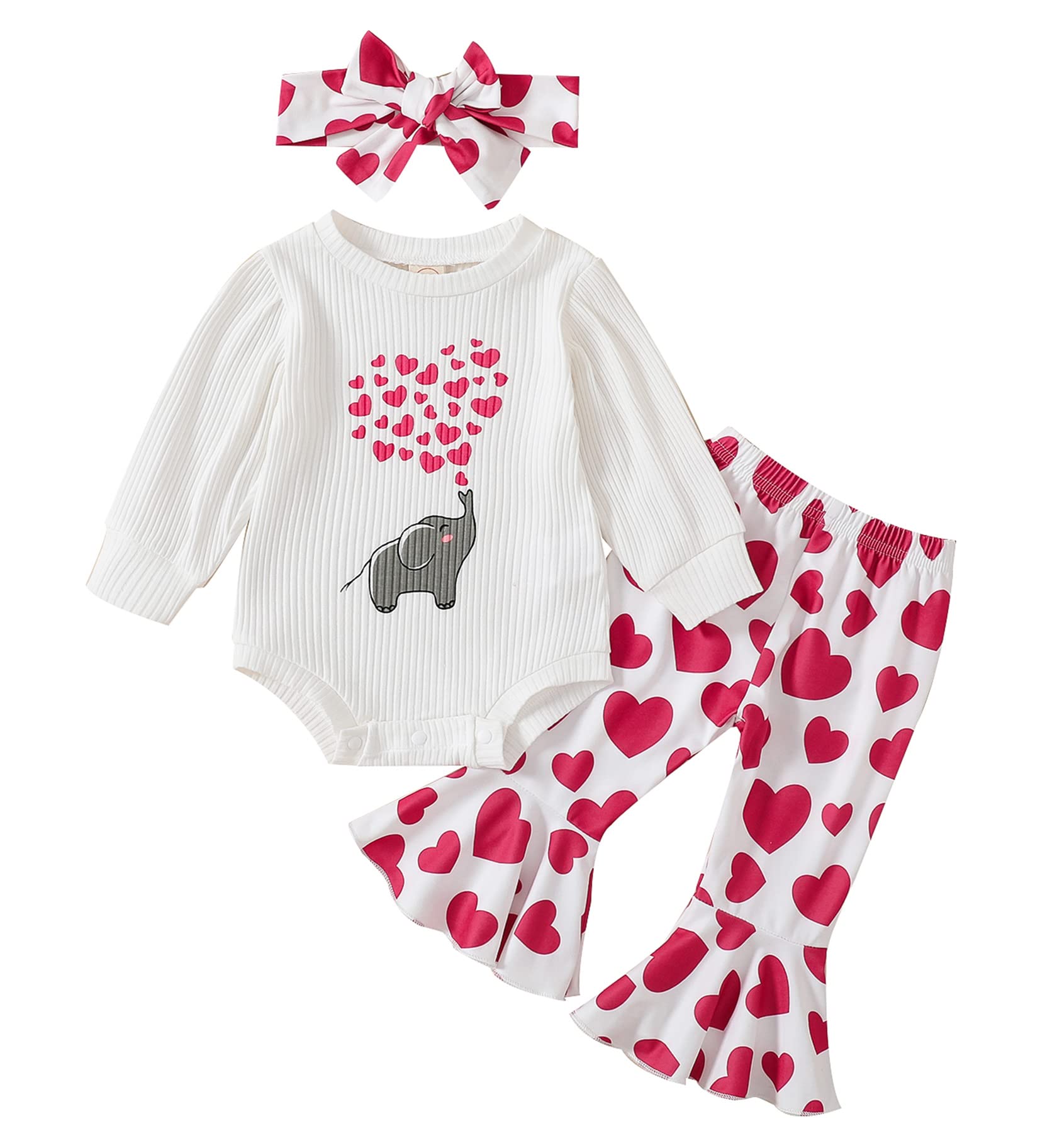 ADXSUN Baby Girl Valentine's Day Outfits Heart Print Romper+Flared Pants+Headband Infant Clothes 0-18 Months