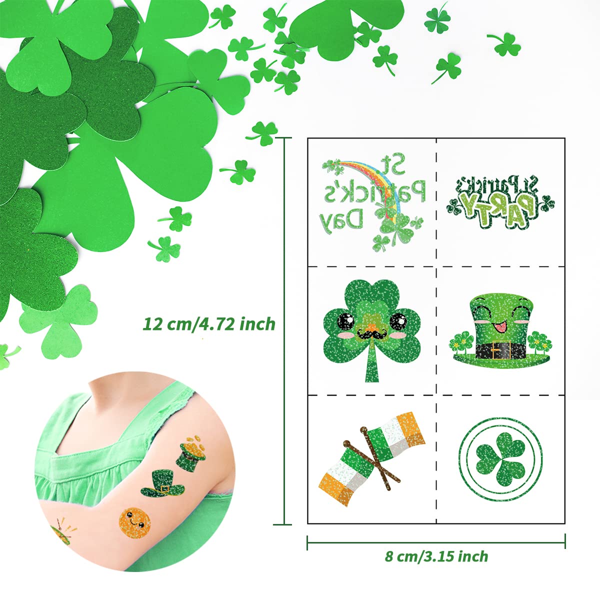 16 Sheets St Patrick's Day Tattoos for Kids, 96 Pieces Glitter Temporary Tattoos Green Shamrock Hat Irish Pattern Stickers for Face Body St Patricks Day Decorations Party Favors