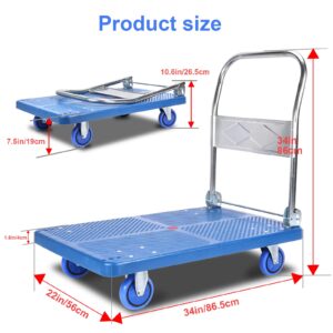 Heavy Duty Platform Hand Truck for Moving, Folding Flatbed Dolly with 360 Degree Swivel Wheels Foldable Push Hand Cart for Loading and Storage (L)