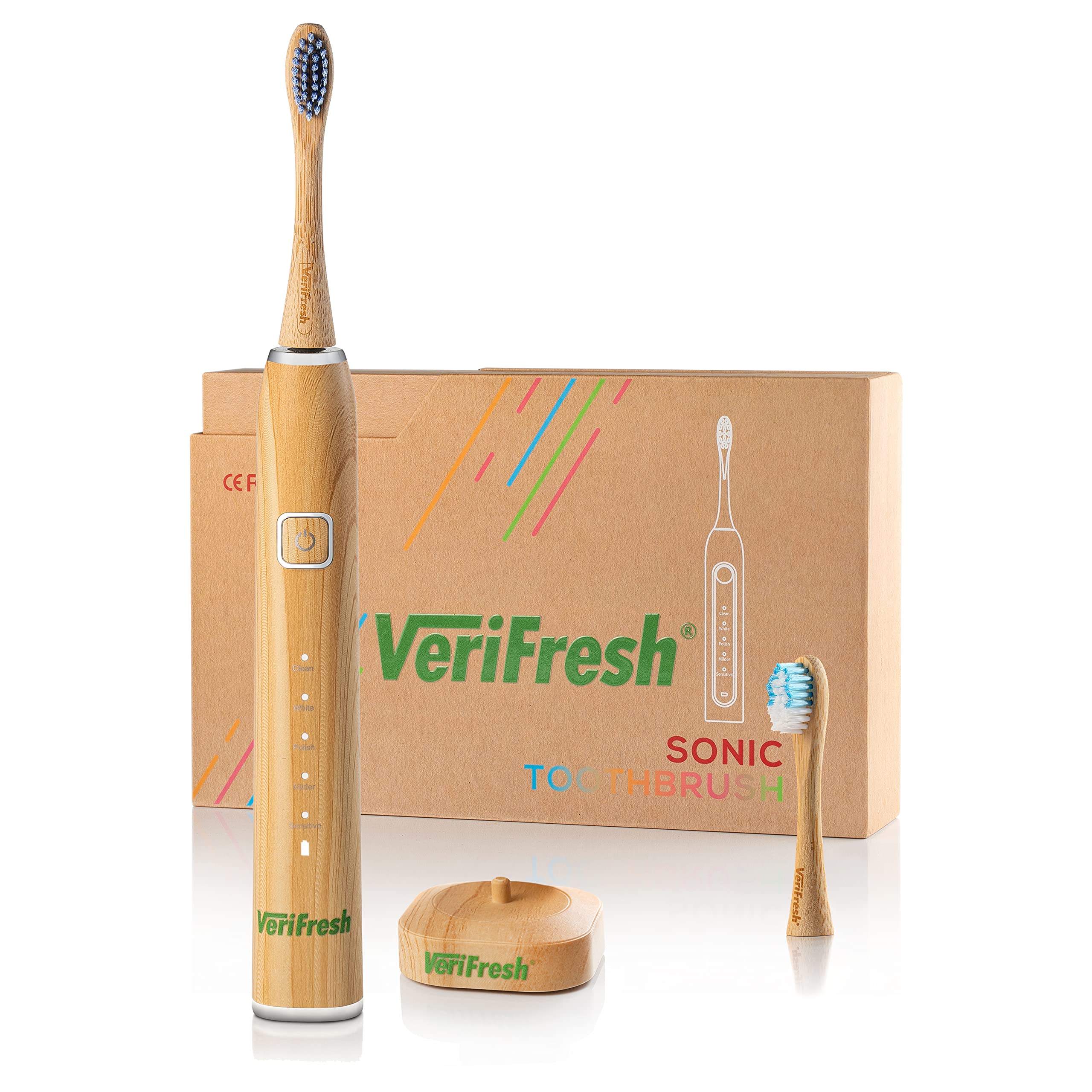 VeriFresh Sonic Bamboo Toothbrush - Biodegradeable Bamboo Heads with Castor Oil bristles - Includes 2 Brush Heads