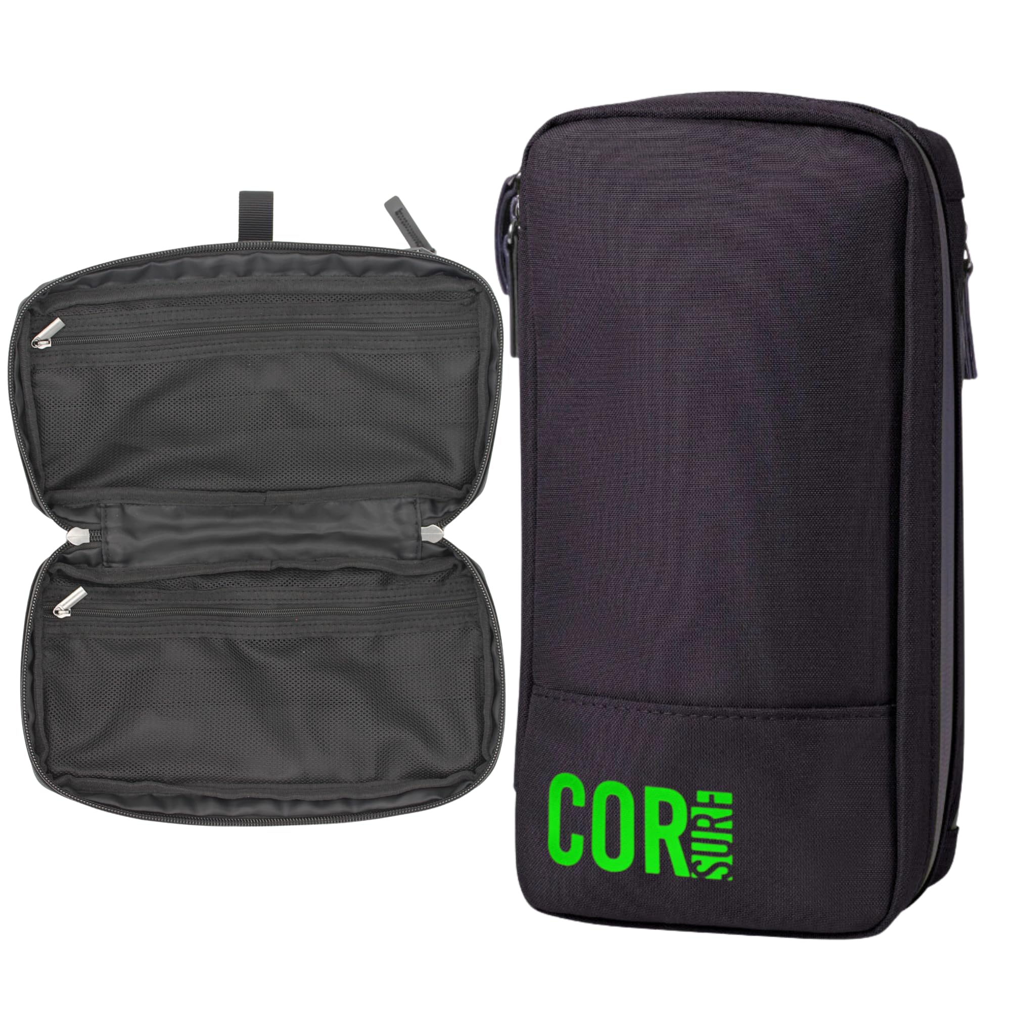 COR Surf Compact Toiletry Travel Bag Hanging, Premium Mens and Women Dopp Kit for Travel | Waterproof with 4 Separate Compartments and Waterproof Zippers (Black)