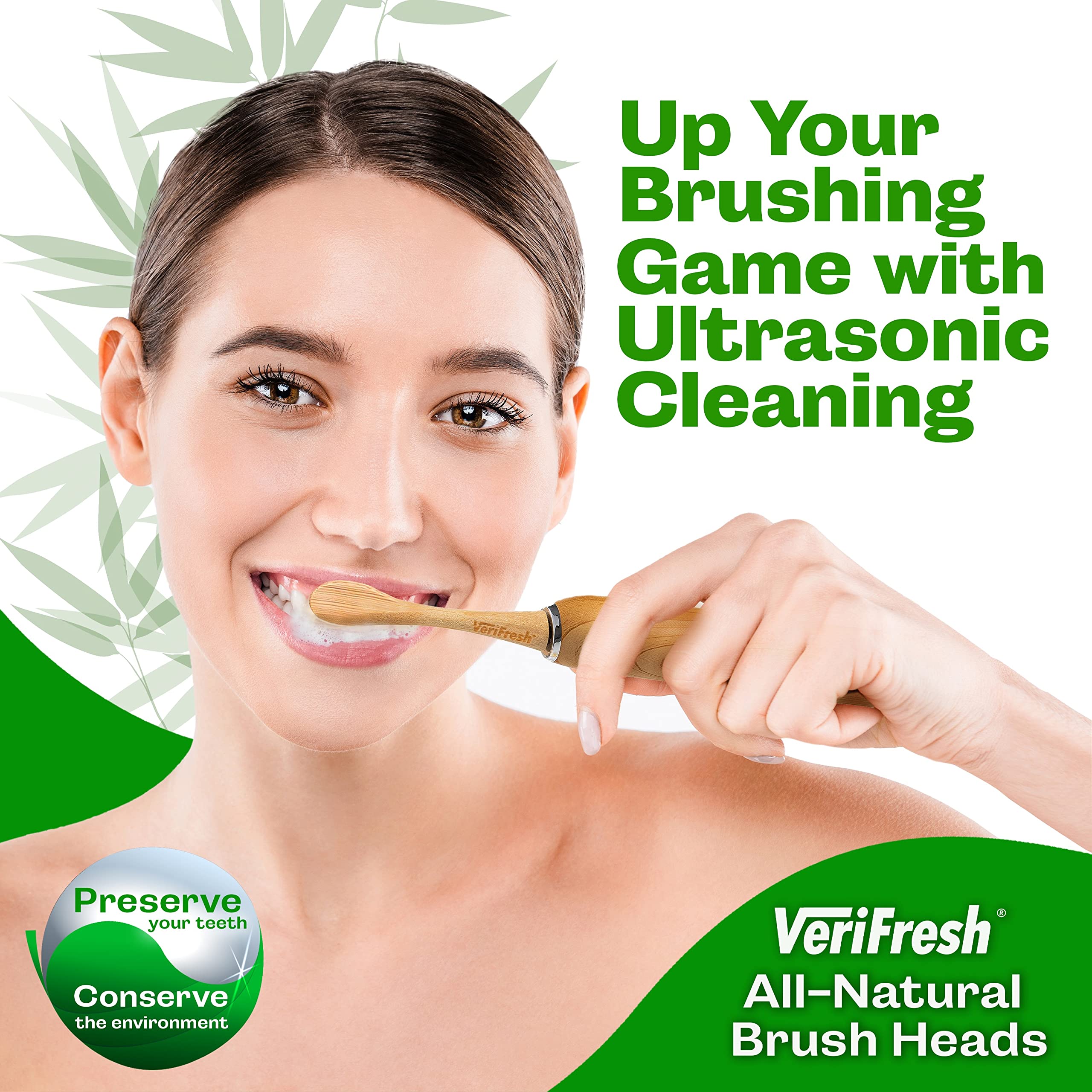 VeriFresh Sonic Bamboo Toothbrush - Biodegradeable Bamboo Heads with Castor Oil bristles - Includes 2 Brush Heads