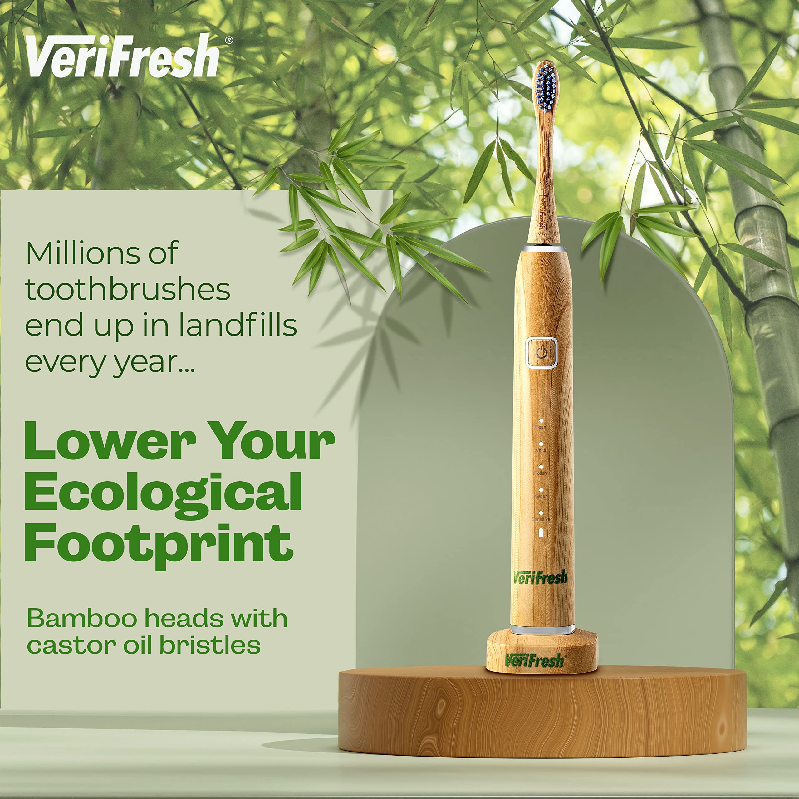 VeriFresh Sonic Bamboo Toothbrush - Biodegradeable Bamboo Heads with Castor Oil bristles - Includes 2 Brush Heads