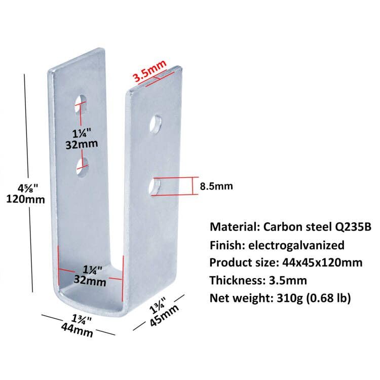 4 Pcs 4 Hole Long U-Shape Bracket, 1-1/4" Inner Wide, 4-5/8" High, Carbon Steel U-Channel Fasteners 3.5mm Thickness