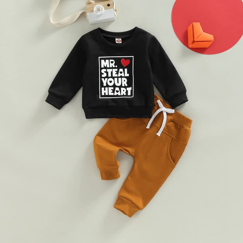 Toddler Baby Boy Valentines Day Clothes Mr Steal My Heart Crewneck Sweatshirt Shirt Top Pants Spring Outfit (Black,18-24 Months)