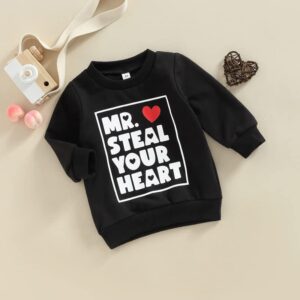 YINGISFITM Baby Girl Boy Valentines Day Outfit Toddler Crewneck Sweatshirt Long Sleeve Shirt Pullover Top Spring Clothes (Mr steal your heart black,12-18 Months)