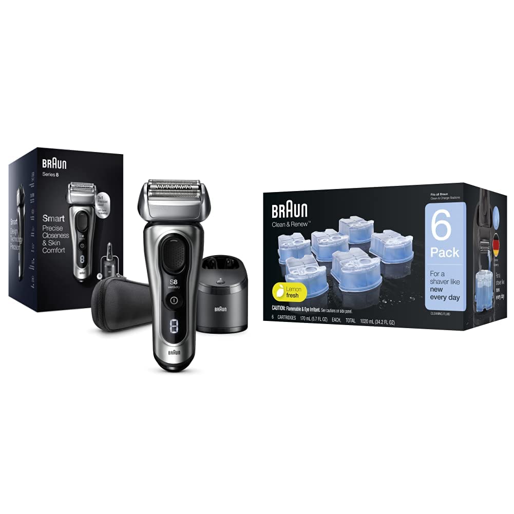 Braun Electric Razor for Men, Series 8 8457cc Electric Foil Shaver with Precision Beard Trimmer, Cleaning & Charging SmartCare Center, Galvano Silver with Clean & Renew Refill Cartridges, 6 Count