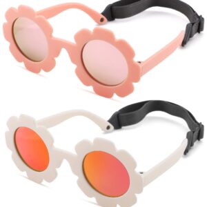 NULOOQ Polarized Baby Sunglasses with Strap – Flexible Flower Shaped Sunglasses for Toddler & Infant Age 0-24 Months (Pink/Pink Mirrored + White/Purple Red Mirrored) - 2 Pack