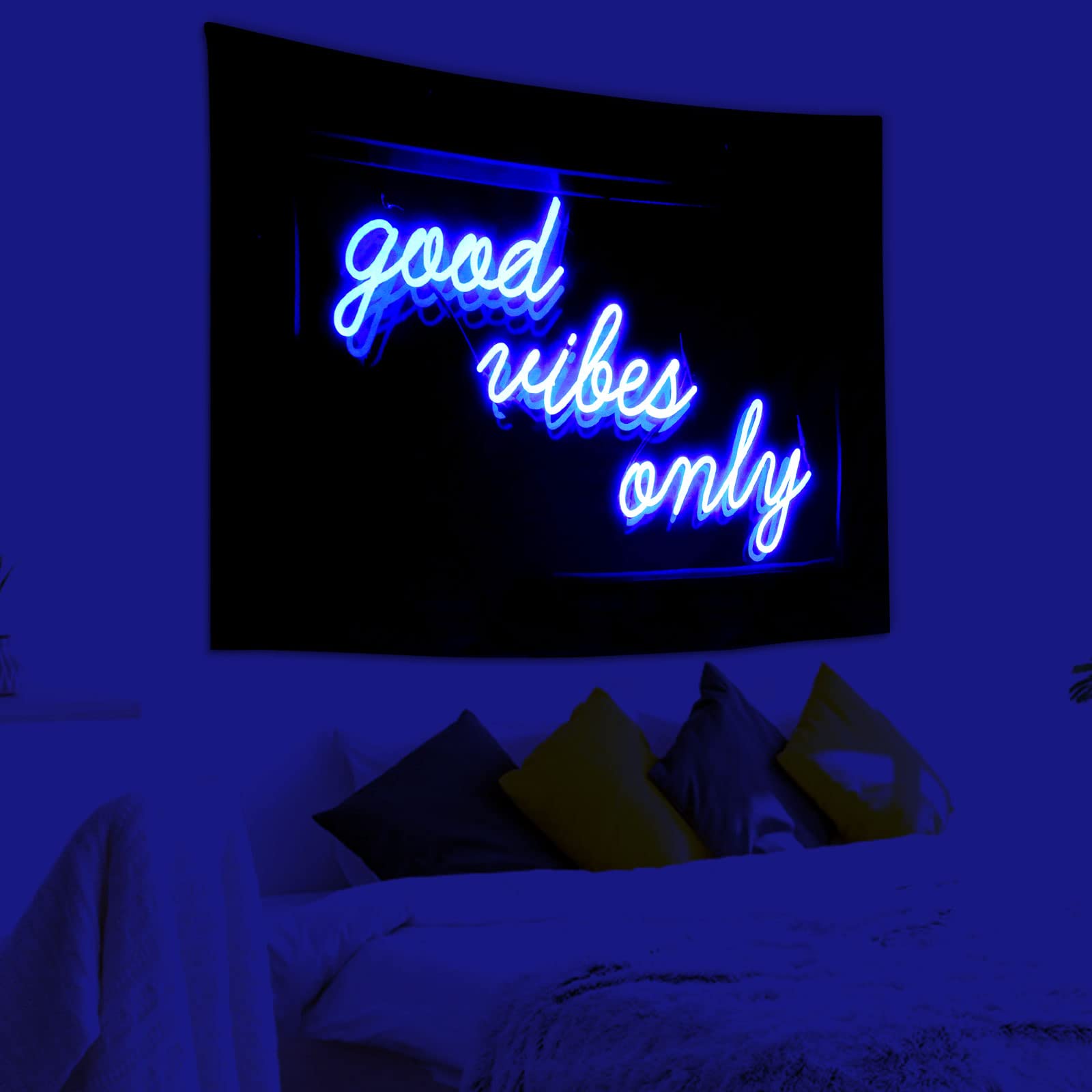 Blacklight Tapestry for Bedroom Blue Room Decor Aesthetic 𝑮𝒐𝒐𝒅 𝑽𝒊𝒃𝒆𝒔 𝑶𝒏𝒍𝒚 𝑾𝒐𝒓𝒅𝒔 Glow in the Dark Tapestry UV Reaction Tapestry Wall Hanging for Living Room Dorm Decor (51''Hx60''L)