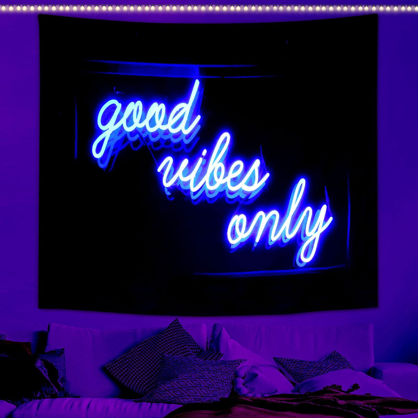 Blacklight Tapestry for Bedroom Blue Room Decor Aesthetic 𝑮𝒐𝒐𝒅 𝑽𝒊𝒃𝒆𝒔 𝑶𝒏𝒍𝒚 𝑾𝒐𝒓𝒅𝒔 Glow in the Dark Tapestry UV Reaction Tapestry Wall Hanging for Living Room Dorm Decor (51''Hx60''L)