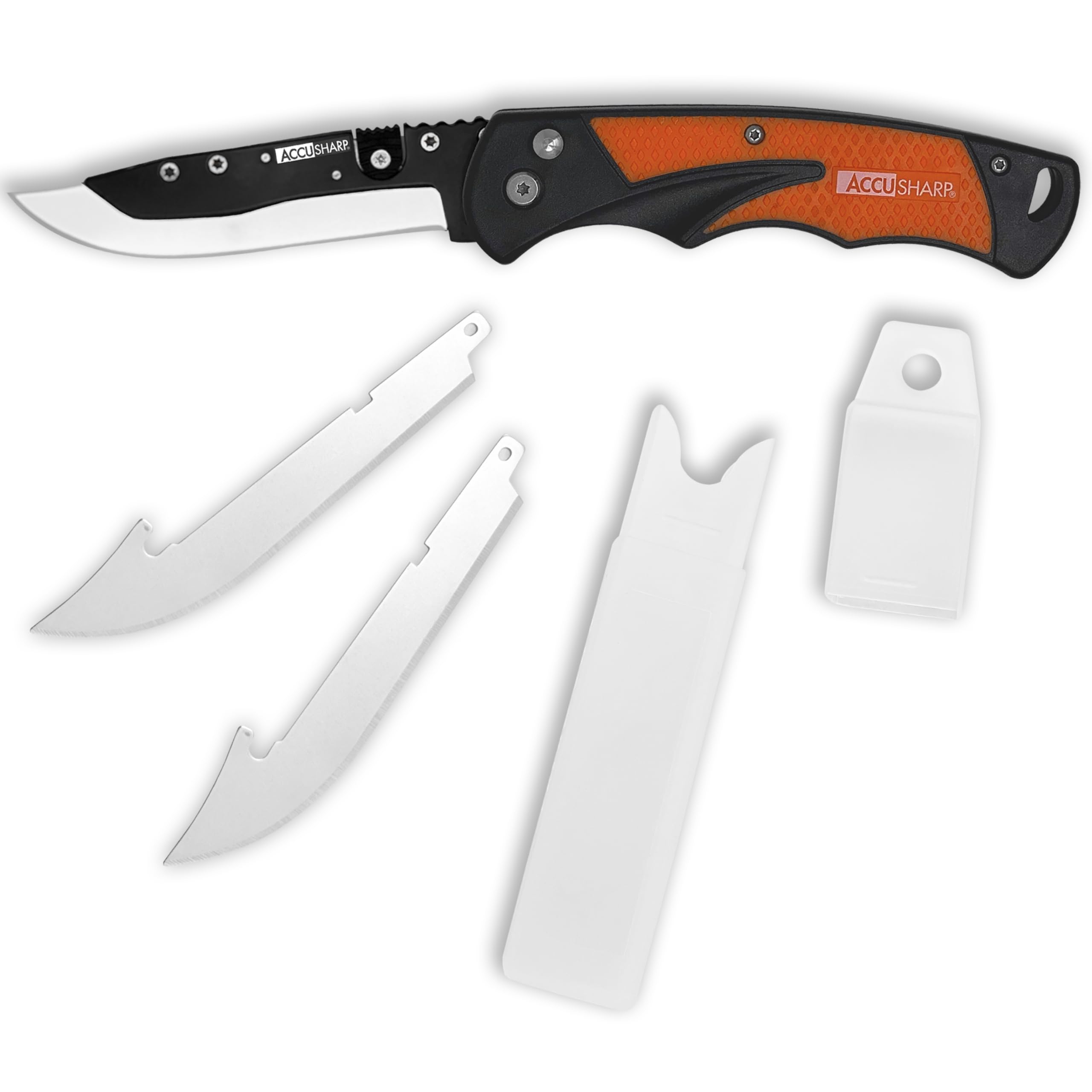 ACCUSHARP Multifunctional Replaceable Blade Razor Knife, 3.5" Stainless Steel Folding Pocket Knife with Replaceable Blades, Clip, Comfort Grip, and Adjustable Opening Angles, Orange