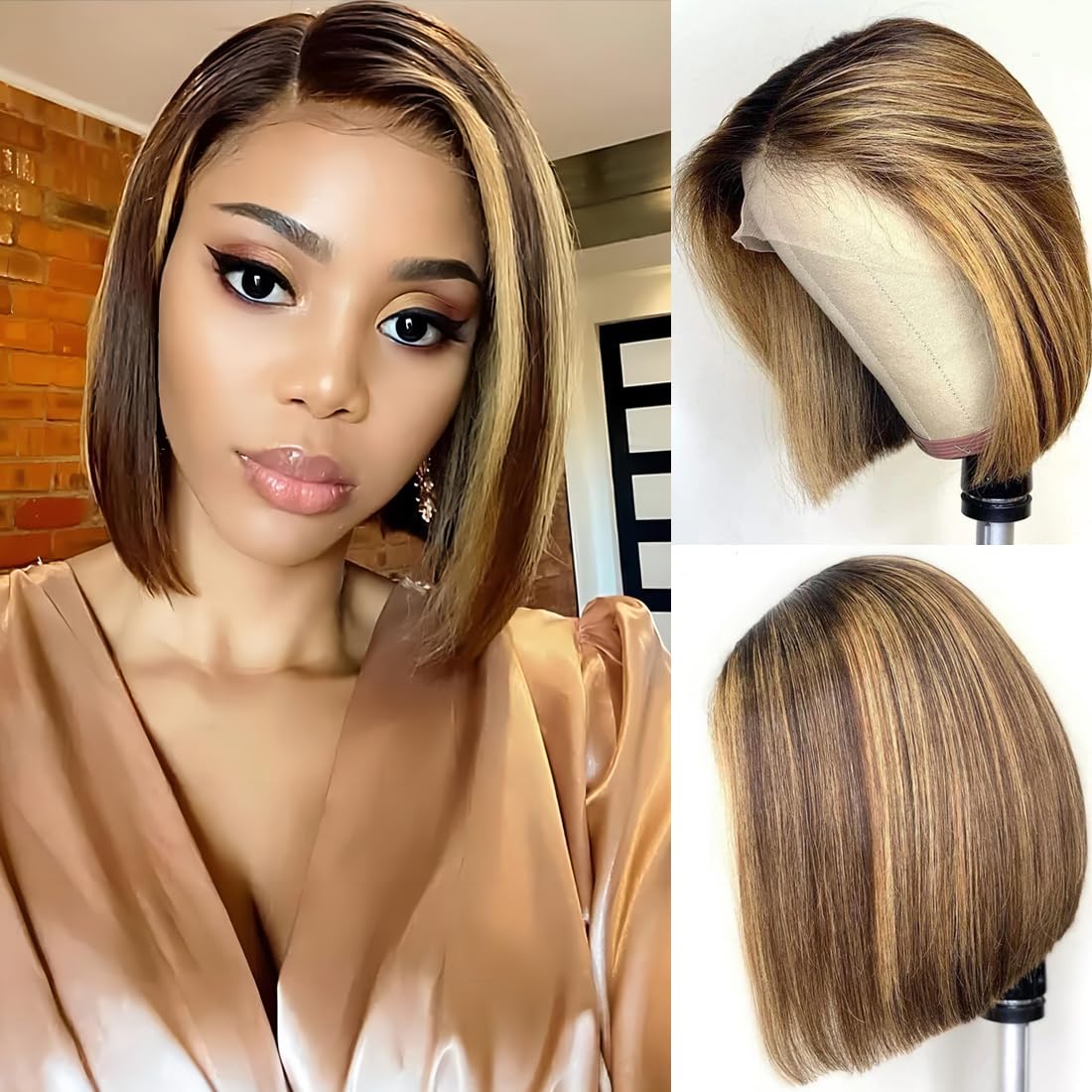 Highlight Ombre Bob Wig Human Hair Straight 4/27 Honey Blonde Bob Lace Front Wigs Human Hair 12 Inch 13x4 Lace Front Bob Wigs 12A Short Bob Wig 180% Density Glueless Wigs Straight Bob Wigs For Women