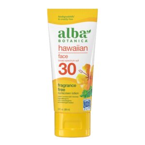 alba botanica sunscreen for face, fragrance-free hawaiian face sunscreen lotion, broad spectrum spf 30, water resistant and biodegradable, 3 fl. oz. bottle