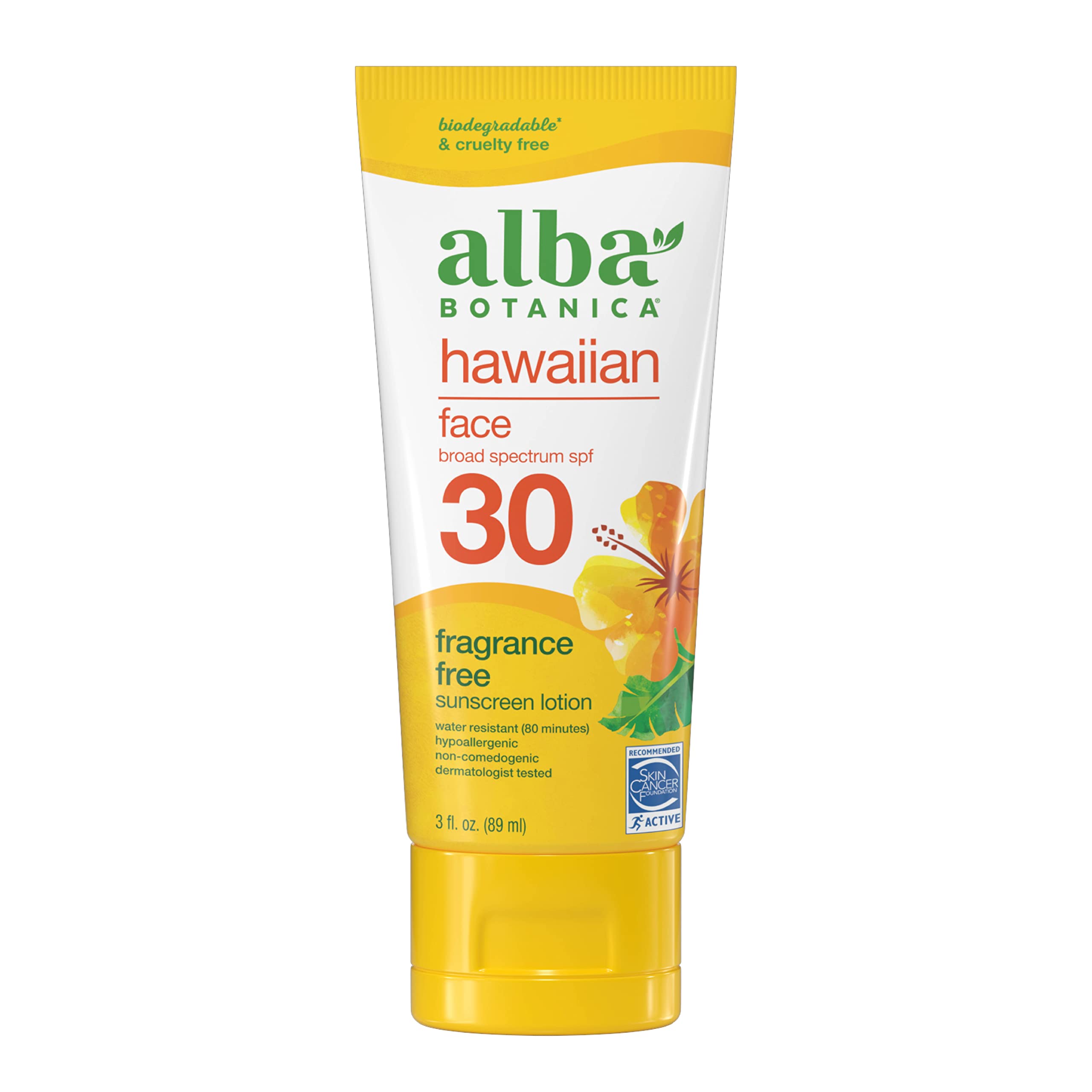 Alba Botanica Sunscreen for Face, Fragrance-Free Hawaiian Face Sunscreen Lotion, Broad Spectrum SPF 30, Water Resistant and Biodegradable, 3 fl. oz. Bottle