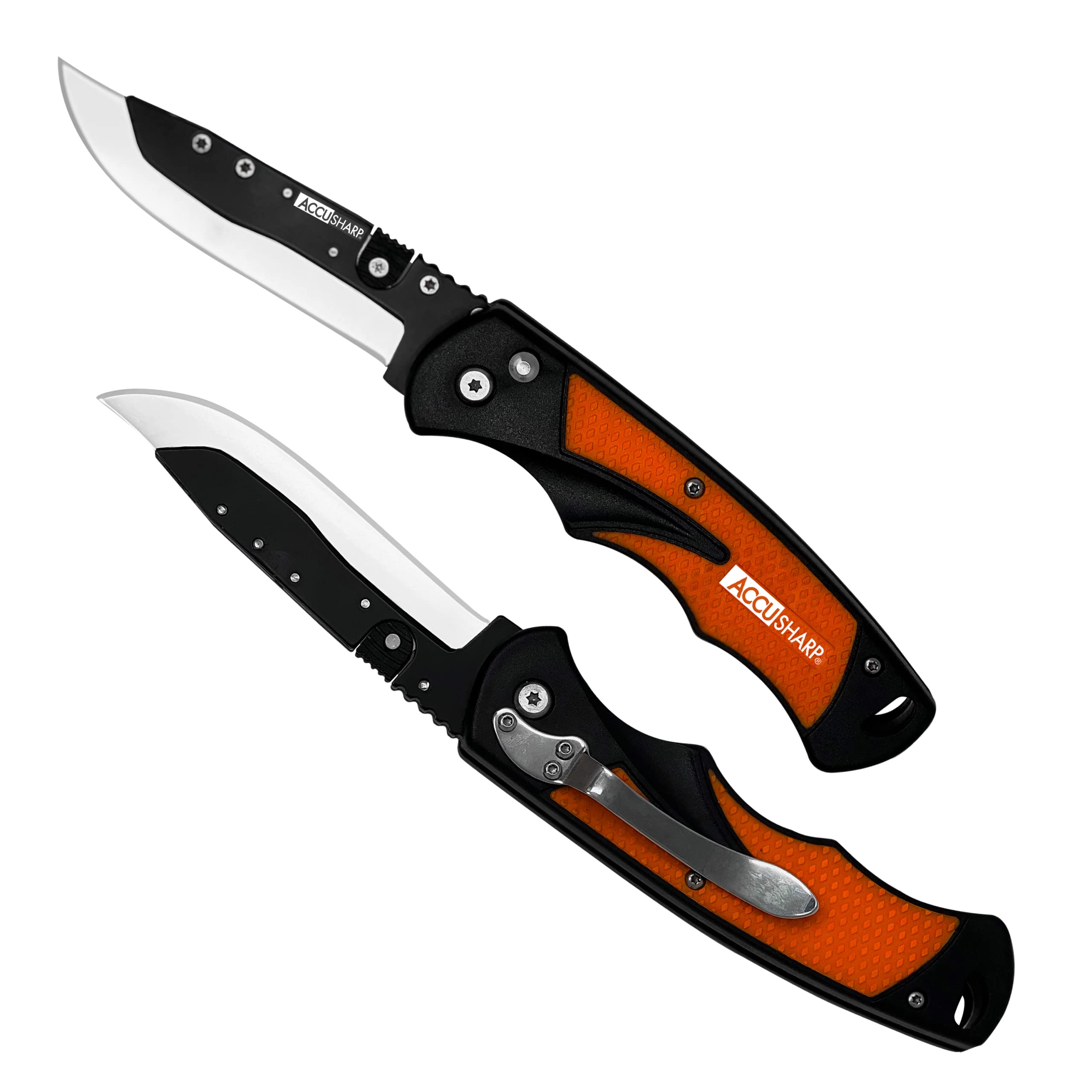 ACCUSHARP Multifunctional Replaceable Blade Razor Knife, 3.5" Stainless Steel Folding Pocket Knife with Replaceable Blades, Clip, Comfort Grip, and Adjustable Opening Angles, Orange