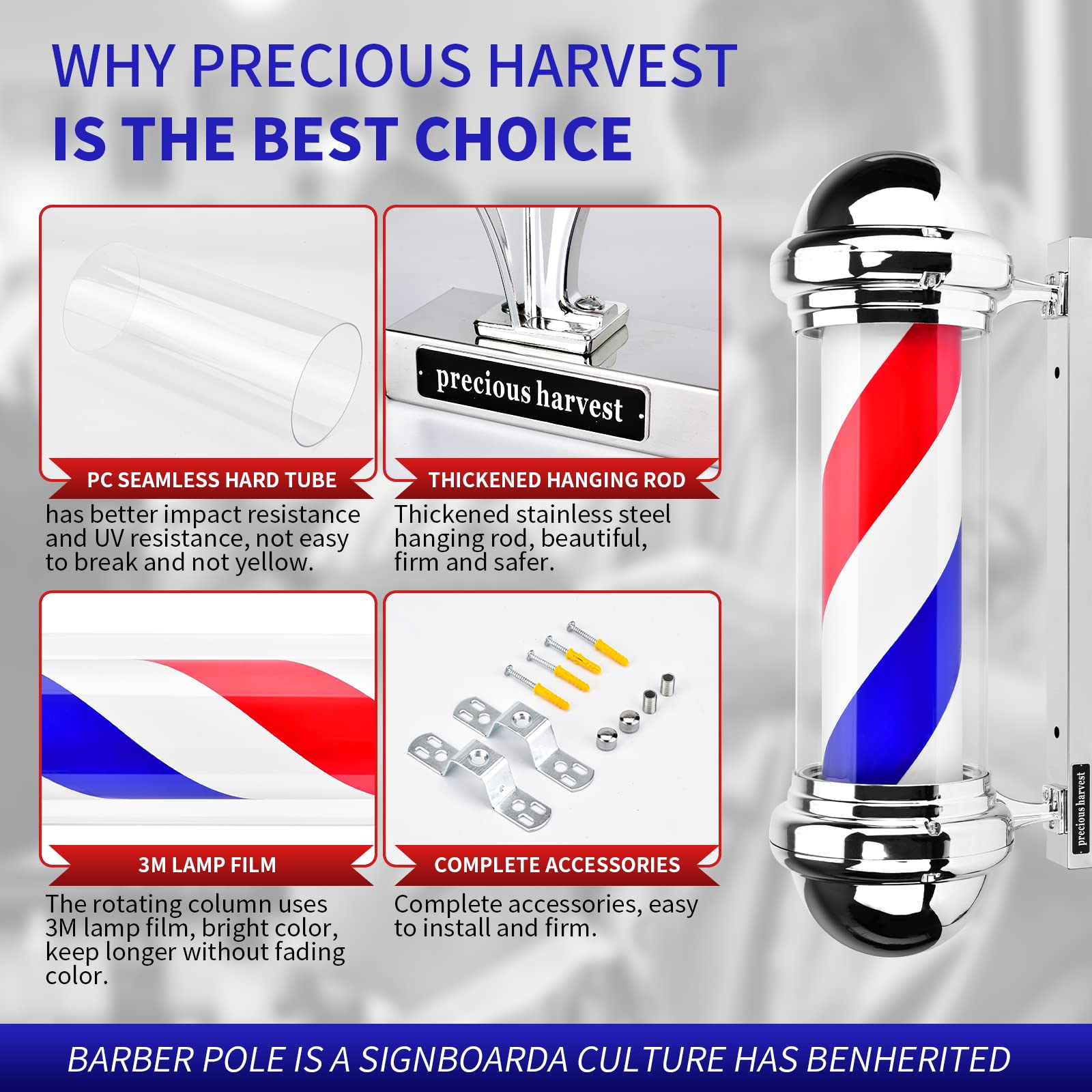 precious harvest Barber Light Pole,Red, Blue and White Barbershop Rotating Light Fixture, Classic Signs for Hair Salon,Wall Mount,LED Light Source, Indoor and Outdoor Use, 30 Inch