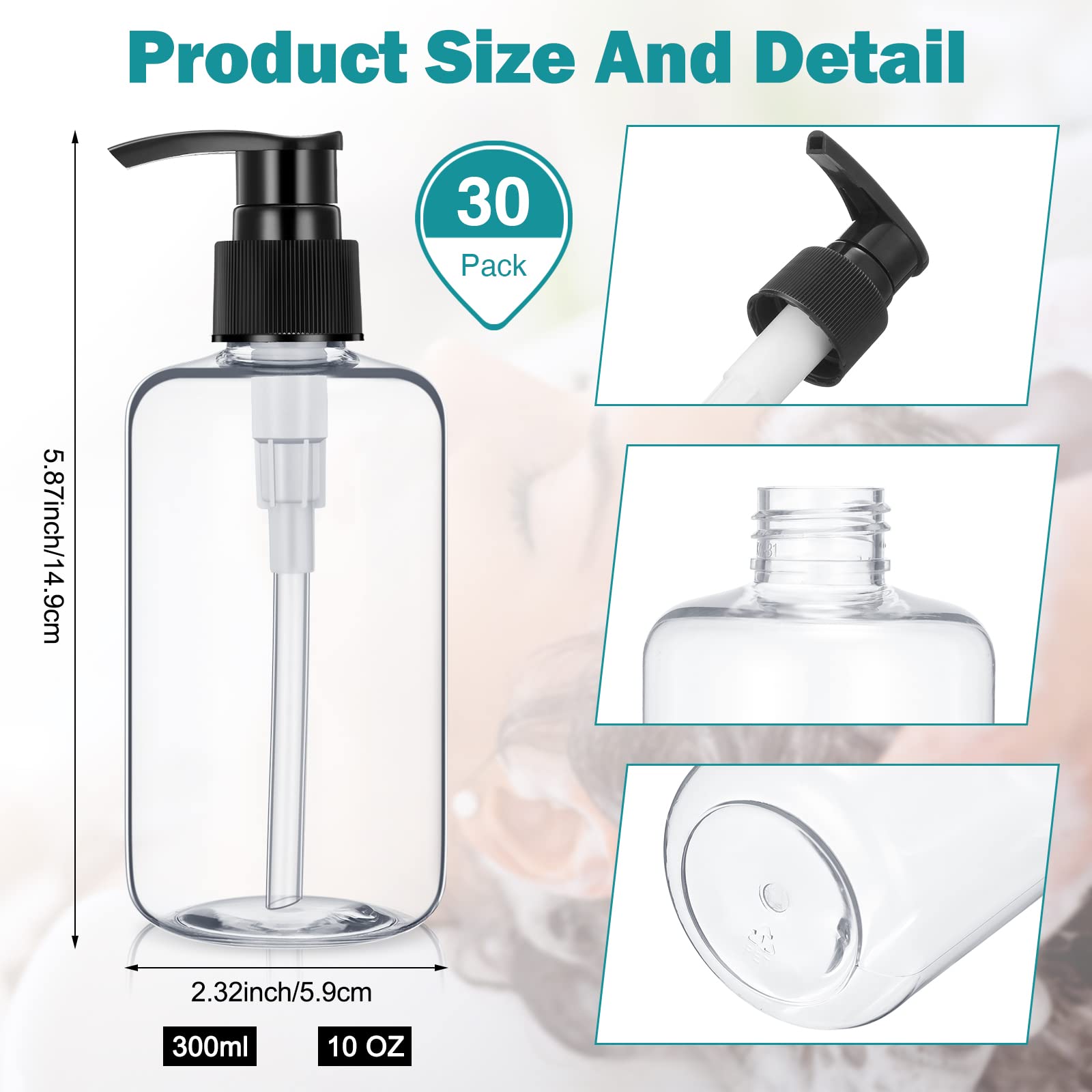 30 Pcs 10 oz Plastic Pump Bottle Dispenser Empty Lotion Bottle with Pump Refillable Clear Hand Soap Dispenser Portable Travel Lotion Container for Body Wash Liquid Soap Shampoo Essential Oil, 2 Colors