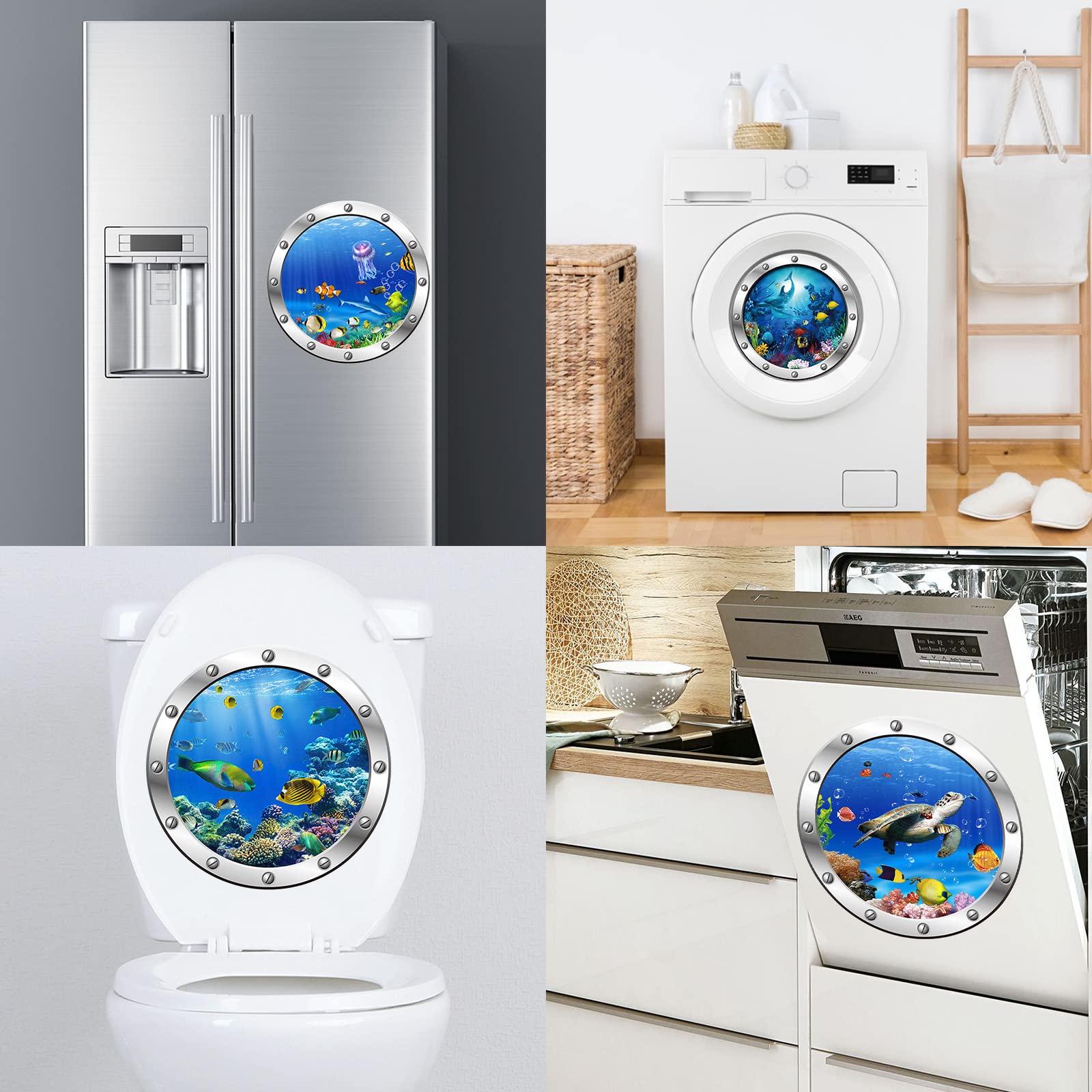 4Pcs Ocean World Wall Stickers, 12” Removable Art Decals for Kids, 3D Wall Decals Peel and Stick Vinyl Stickers for Bathroom and Bedroom, Furniture, Home Decor