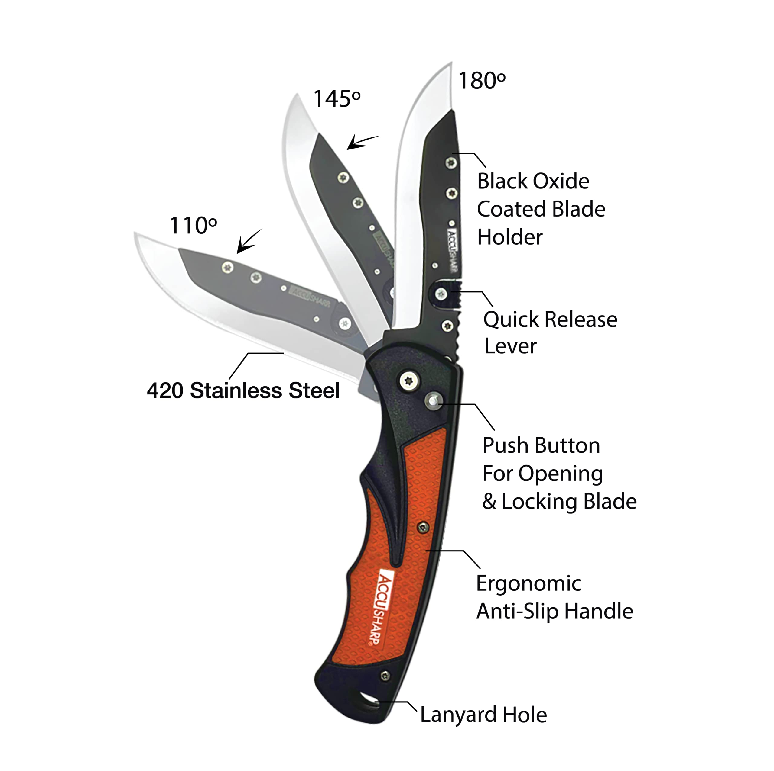 ACCUSHARP Multifunctional Replaceable Blade Razor Knife, 3.5" Stainless Steel Folding Pocket Knife with Replaceable Blades, Clip, Comfort Grip, and Adjustable Opening Angles, Orange