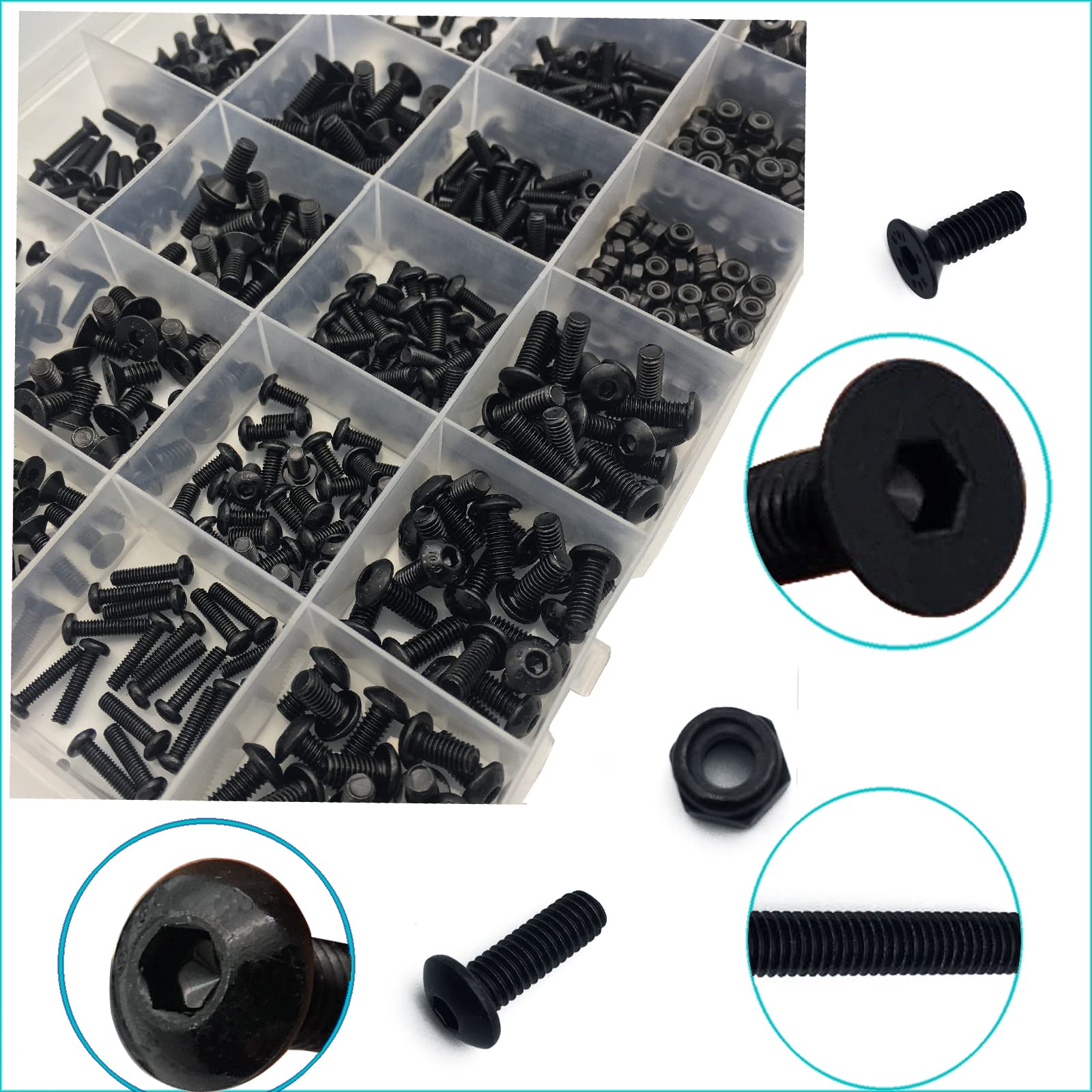 AJUER 600pcs Metric Bolt Assortment M2.5 M3 M4 Alloy Steel Hex Button and Flat Head Cap Machine Screws and Lock Nuts RC Screw Kit Black Zinc Plating