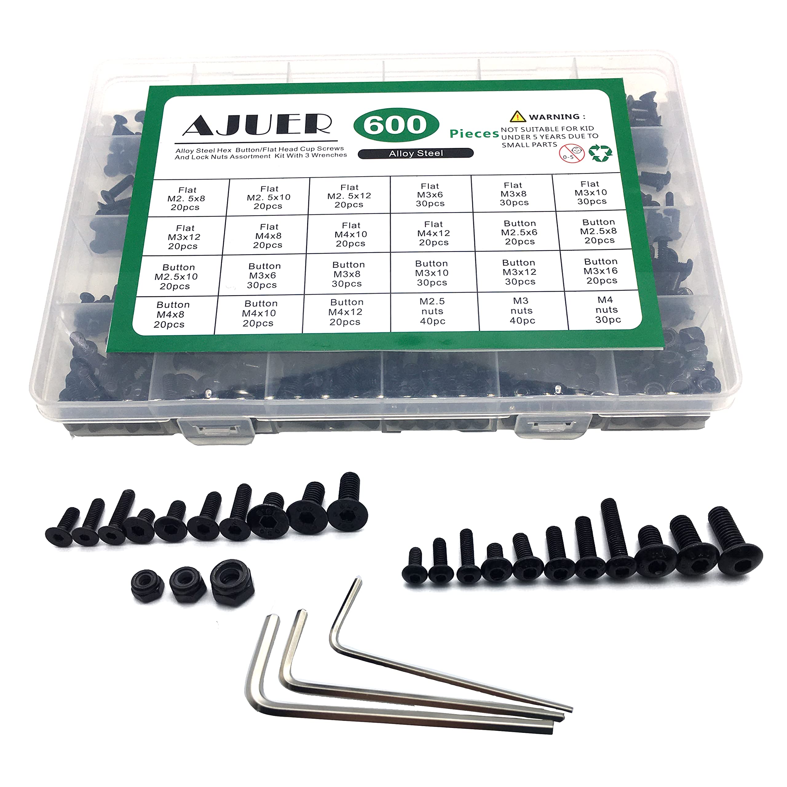 AJUER 600pcs Metric Bolt Assortment M2.5 M3 M4 Alloy Steel Hex Button and Flat Head Cap Machine Screws and Lock Nuts RC Screw Kit Black Zinc Plating