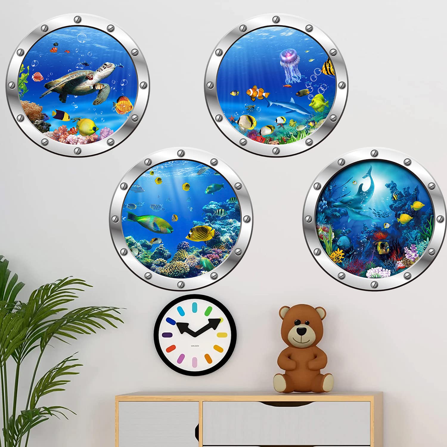 4Pcs Ocean World Wall Stickers, 12” Removable Art Decals for Kids, 3D Wall Decals Peel and Stick Vinyl Stickers for Bathroom and Bedroom, Furniture, Home Decor