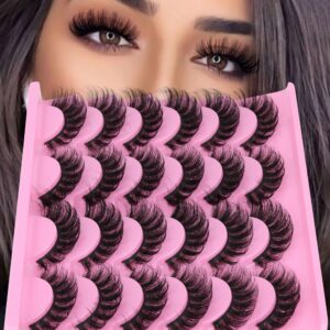 Yawamica False Lashes Fluffy Wispy 16mm Mink Lashes Pack 12 Pairs 5D Volume Fake Eyelashes Cat Eye Natural Look