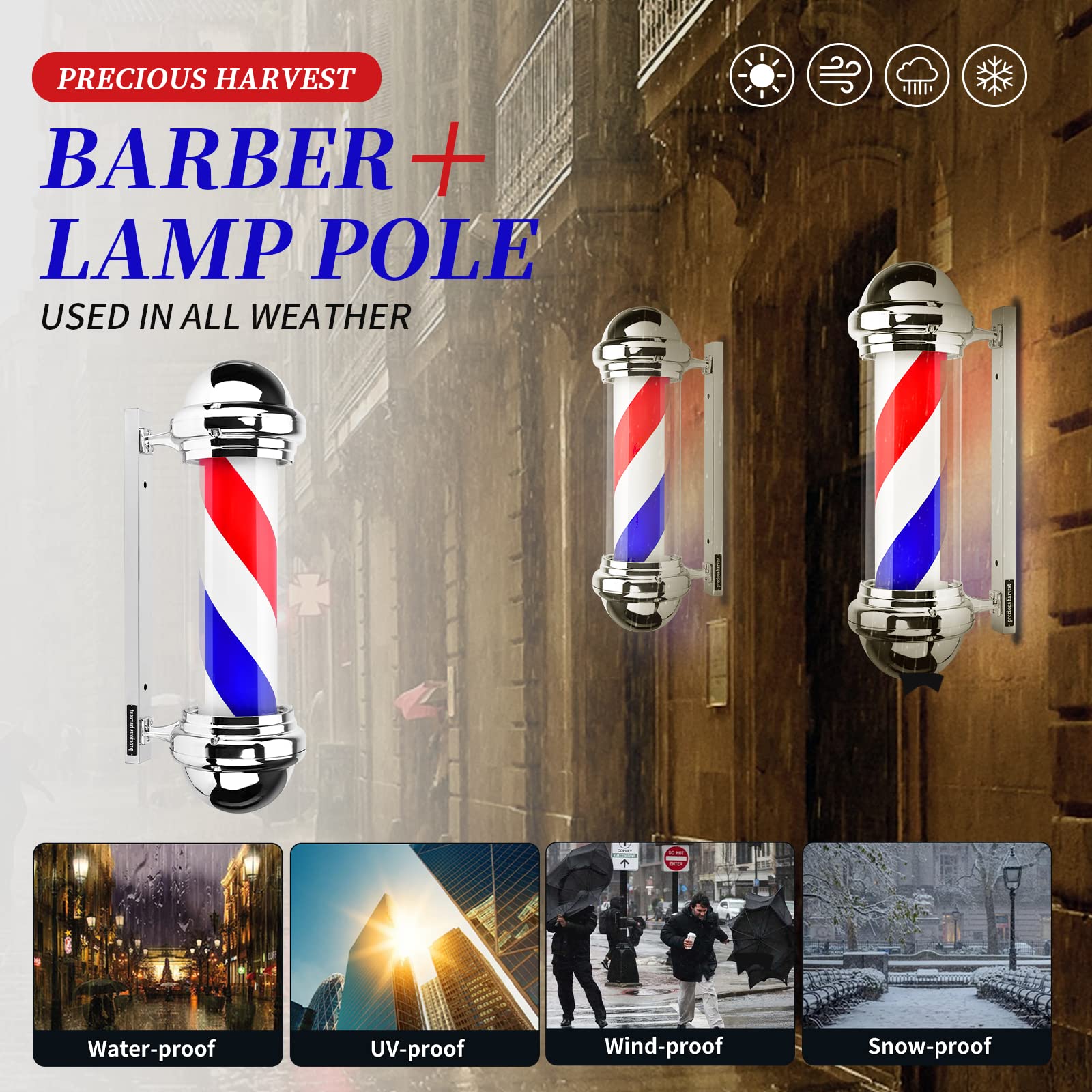 precious harvest Barber Light Pole,Red, Blue and White Barbershop Rotating Light Fixture, Classic Signs for Hair Salon,Wall Mount,LED Light Source, Indoor and Outdoor Use, 30 Inch