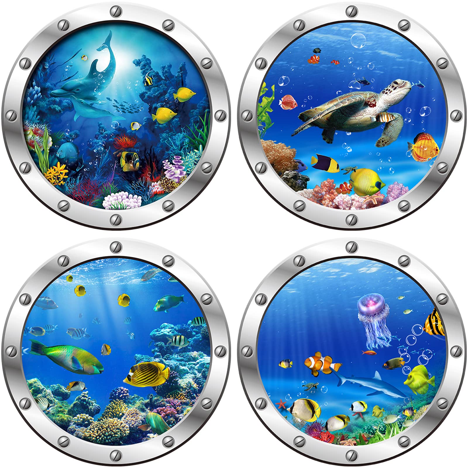 4Pcs Ocean World Wall Stickers, 12” Removable Art Decals for Kids, 3D Wall Decals Peel and Stick Vinyl Stickers for Bathroom and Bedroom, Furniture, Home Decor