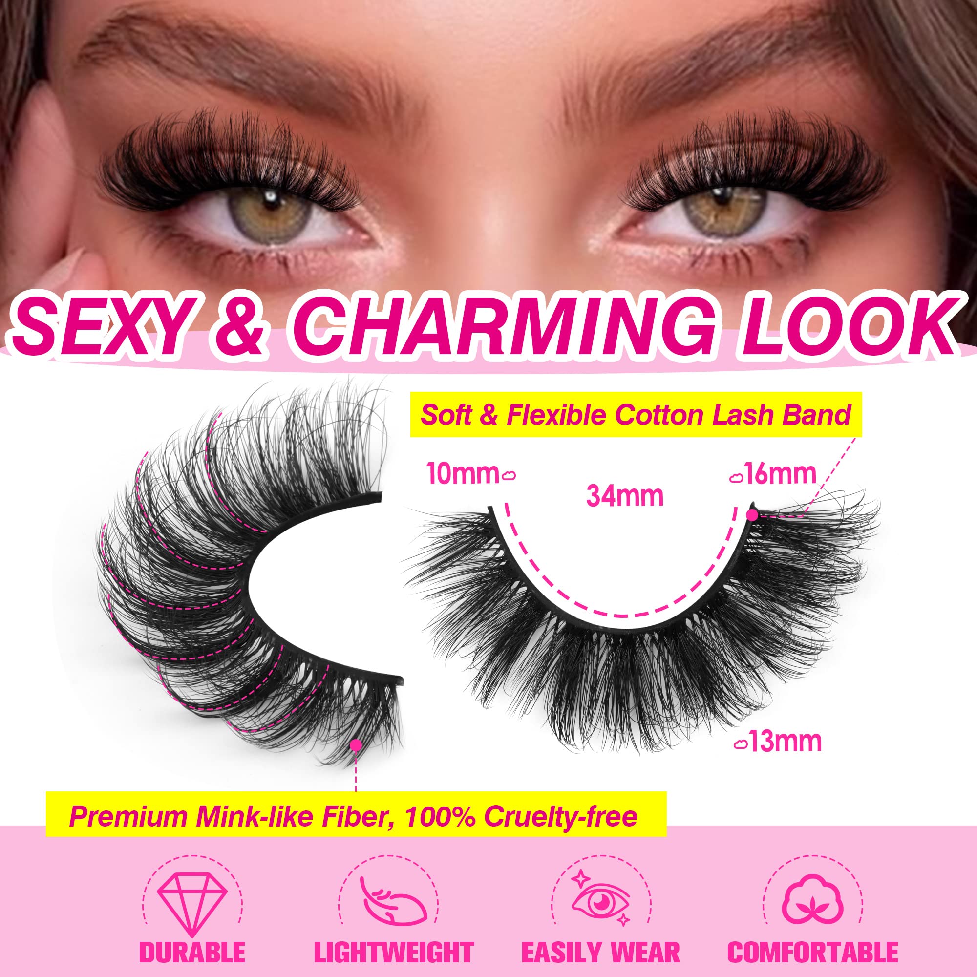 Yawamica False Lashes Fluffy Wispy 16mm Mink Lashes Pack 12 Pairs 5D Volume Fake Eyelashes Cat Eye Natural Look