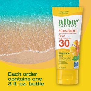 Alba Botanica Sunscreen for Face, Fragrance-Free Hawaiian Face Sunscreen Lotion, Broad Spectrum SPF 30, Water Resistant and Biodegradable, 3 fl. oz. Bottle