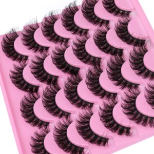 Yawamica False Lashes Fluffy Wispy 16mm Mink Lashes Pack 12 Pairs 5D Volume Fake Eyelashes Cat Eye Natural Look