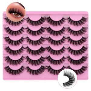 Yawamica False Lashes Fluffy Wispy 16mm Mink Lashes Pack 12 Pairs 5D Volume Fake Eyelashes Cat Eye Natural Look