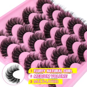 Yawamica False Lashes Fluffy Wispy 16mm Mink Lashes Pack 12 Pairs 5D Volume Fake Eyelashes Cat Eye Natural Look