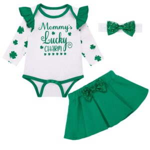 LENSOUS Infant Baby Girls Mommy's Lucky Charm ST. Patrick's Day Green Tutu Dress Skirts Set (Green, 3-6 Months)