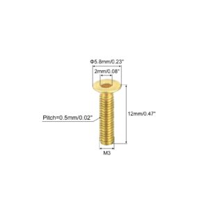 uxcell Flat Head Socket Cap Screws, M3-0.5 x 12mm Brass Inner Hex Drive Fasteners Bolts 50Pcs