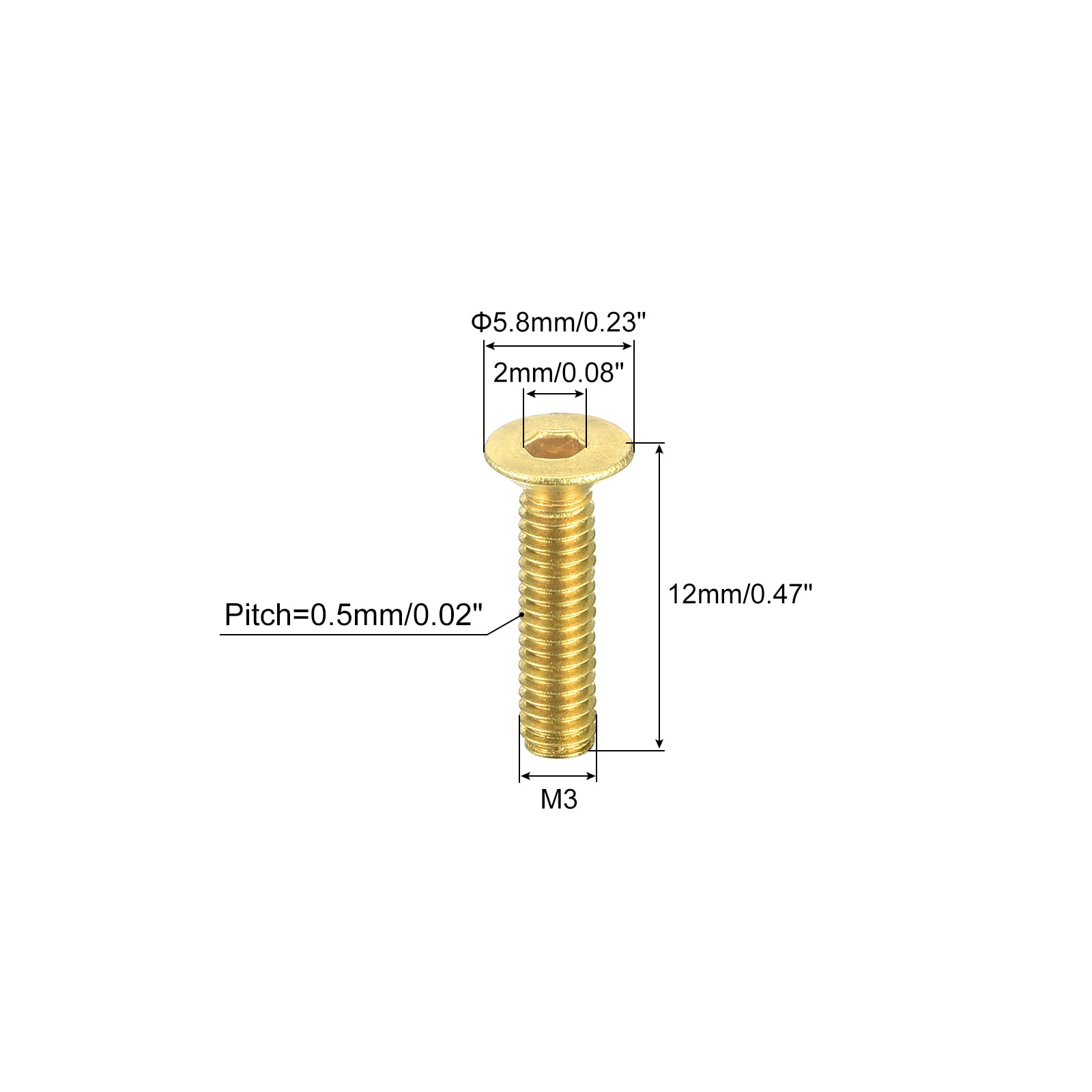 uxcell Flat Head Socket Cap Screws, M3-0.5 x 12mm Brass Inner Hex Drive Fasteners Bolts 50Pcs