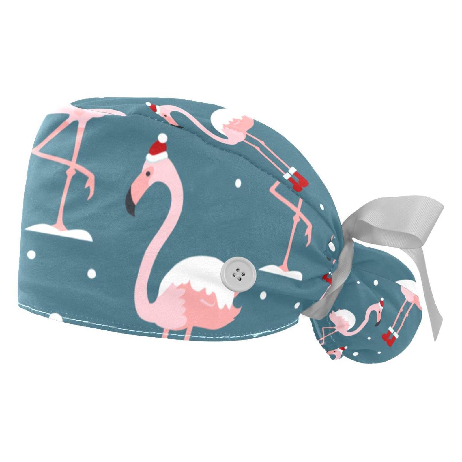 Adjustable Scrub Bouffant Caps, 2 Packs Christmas Flamingo Working Hat Hair Cover with Ponytail Pouch, Soft Surgical Nurse Cap