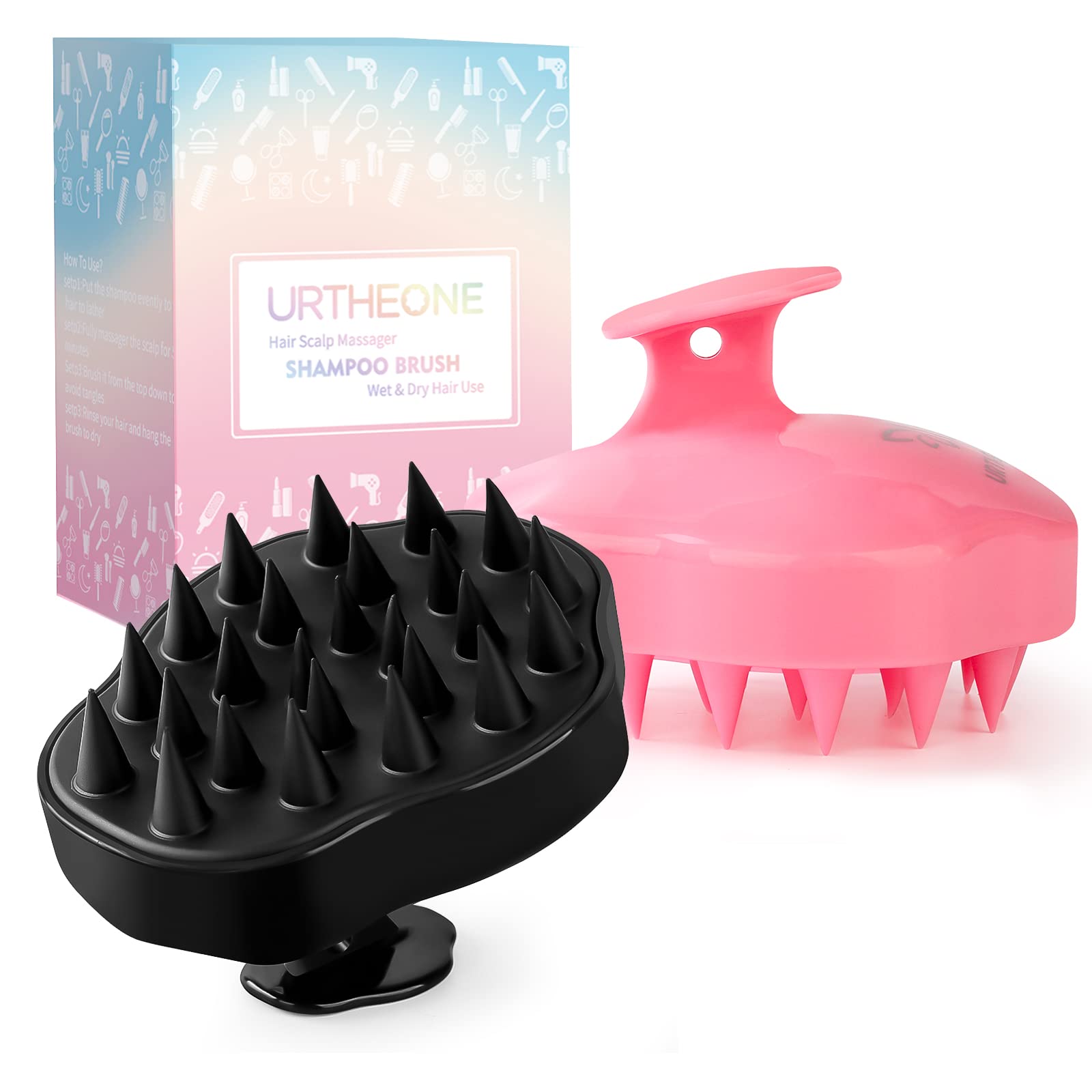 URTHEONE 2 Pack Hair Scalp Massager Shampoo Brush,Scalp Scrubber with Soft Silicone Bristles for Hair Growth and Dandruff Removal (Black&Pink)