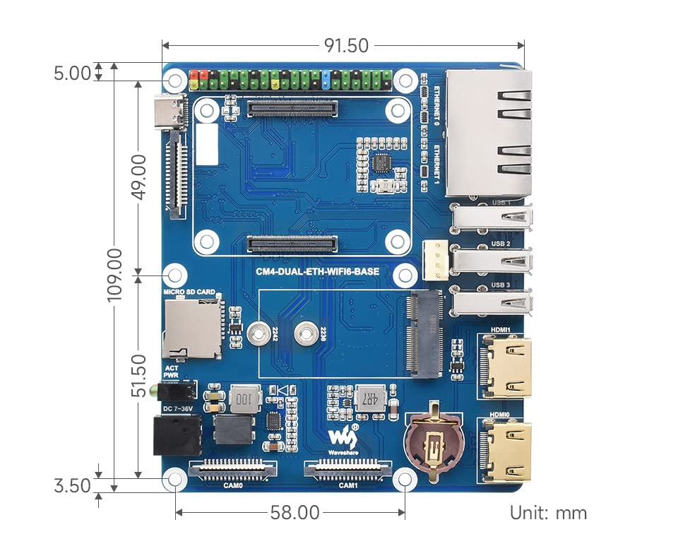 WIFI6 Dual Ethernet Base Board for Compute Module 4, Compatible with WiFi AX210 & AX200 Module,Onboard Gigabit Ethernet RJ45 Connector x1, 100M Ethernet RJ45 Connector x 1,CSI-2 Camera Port x2,etc