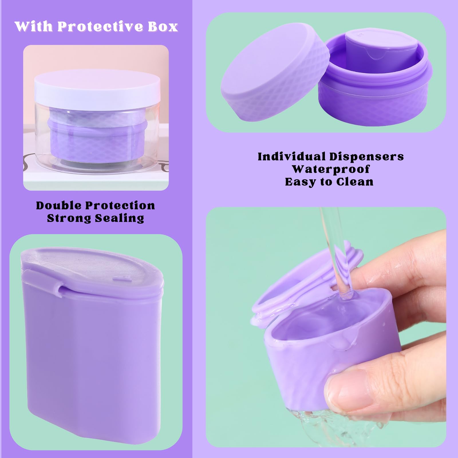 3 in 1 Travel Silicone Makeup Containers for Toiletries Shampoo Lotion Refillable Empty Jars with Spoon, Portable Containers for Trinkets Pills, including 3 Dispensers & 1 Protective Box (Purple)