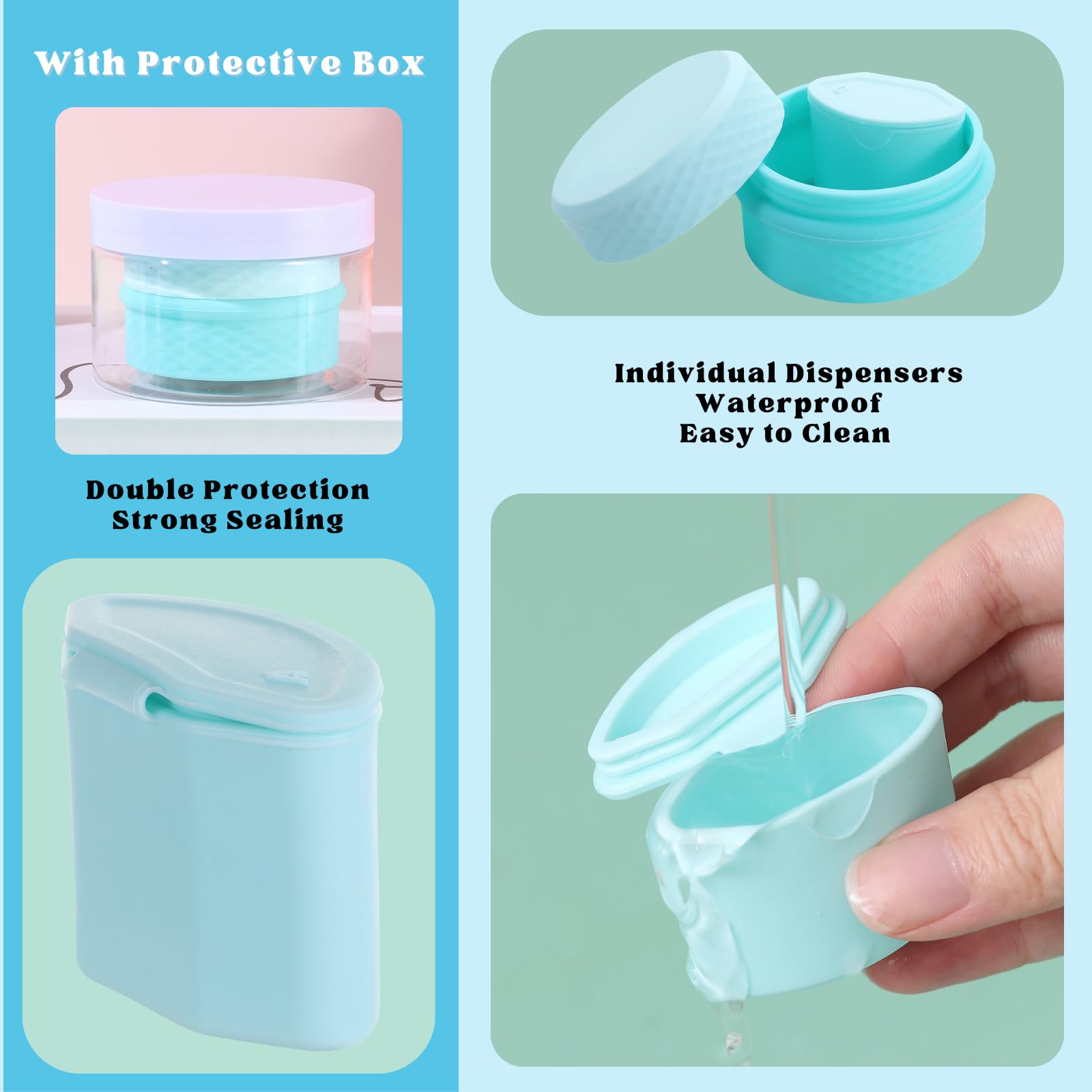 3 in 1 Travel Silicone Makeup Containers for Toiletries Shampoo Lotion Refillable Empty Jars with Spoon, Portable Cosmetic Case for Trinkets Pills, including 3 Dispensers & 1 Protective Box (Blue)