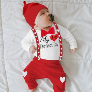 Dearnow Baby Boy Valentines Day Outfit 6-9 months My First Valentines Day Long Sleeve Romper+Suspender Pants+Hat 3Pcs Spring Outfit valentines baby boy outfit