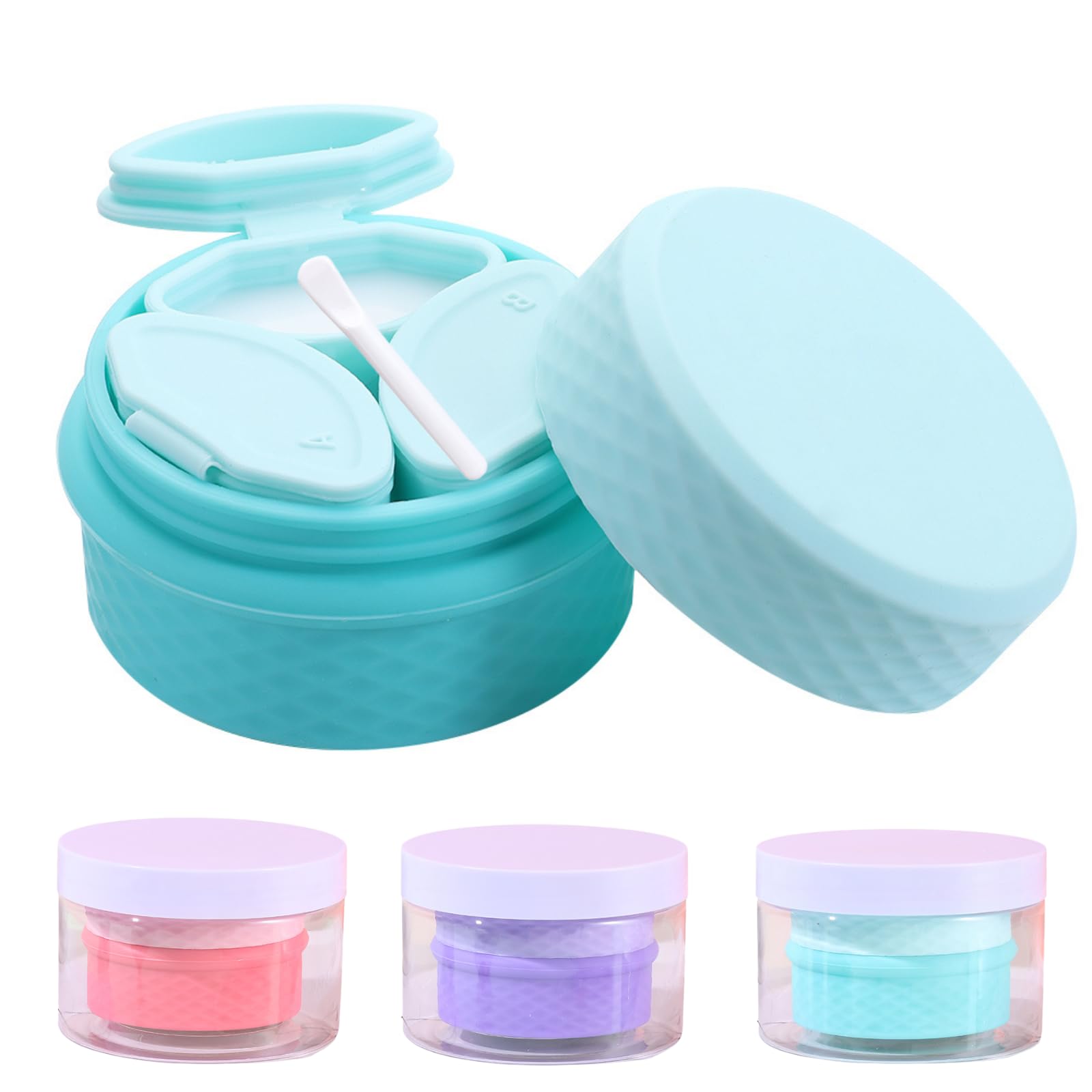 3 in 1 Travel Silicone Makeup Containers for Toiletries Shampoo Lotion Refillable Empty Jars with Spoon, Portable Cosmetic Case for Trinkets Pills, including 3 Dispensers & 1 Protective Box (Blue)