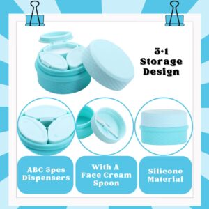 3 in 1 Travel Silicone Makeup Containers for Toiletries Shampoo Lotion Refillable Empty Jars with Spoon, Portable Cosmetic Case for Trinkets Pills, including 3 Dispensers & 1 Protective Box (Blue)