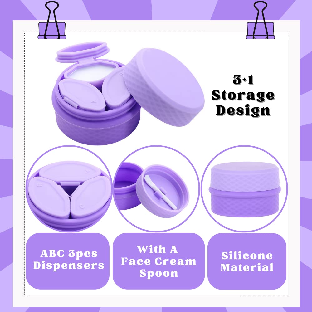 3 in 1 Travel Silicone Makeup Containers for Toiletries Shampoo Lotion Refillable Empty Jars with Spoon, Portable Containers for Trinkets Pills, including 3 Dispensers & 1 Protective Box (Purple)