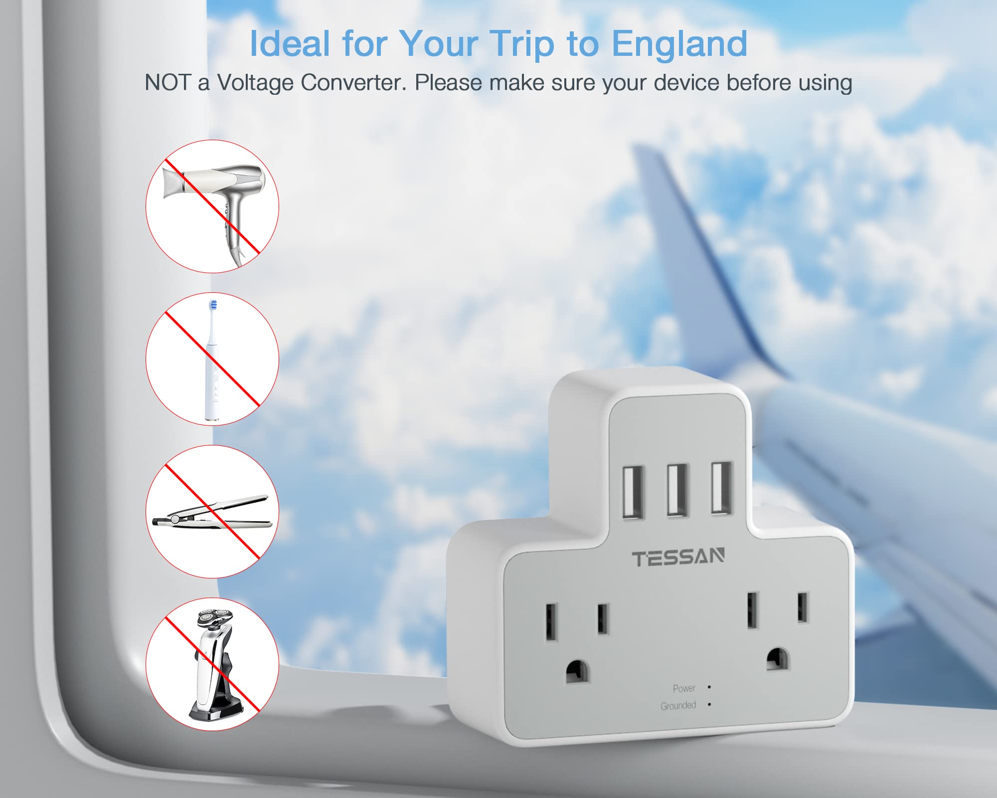 US to UK Plug Adapter, TESSAN Type G Power Converter with 2 Outlets 3 USB Charger, Ireland Travel Adaptor for USA to England Scotland Kenya Dubai London British Qatar Irish Hong Kong