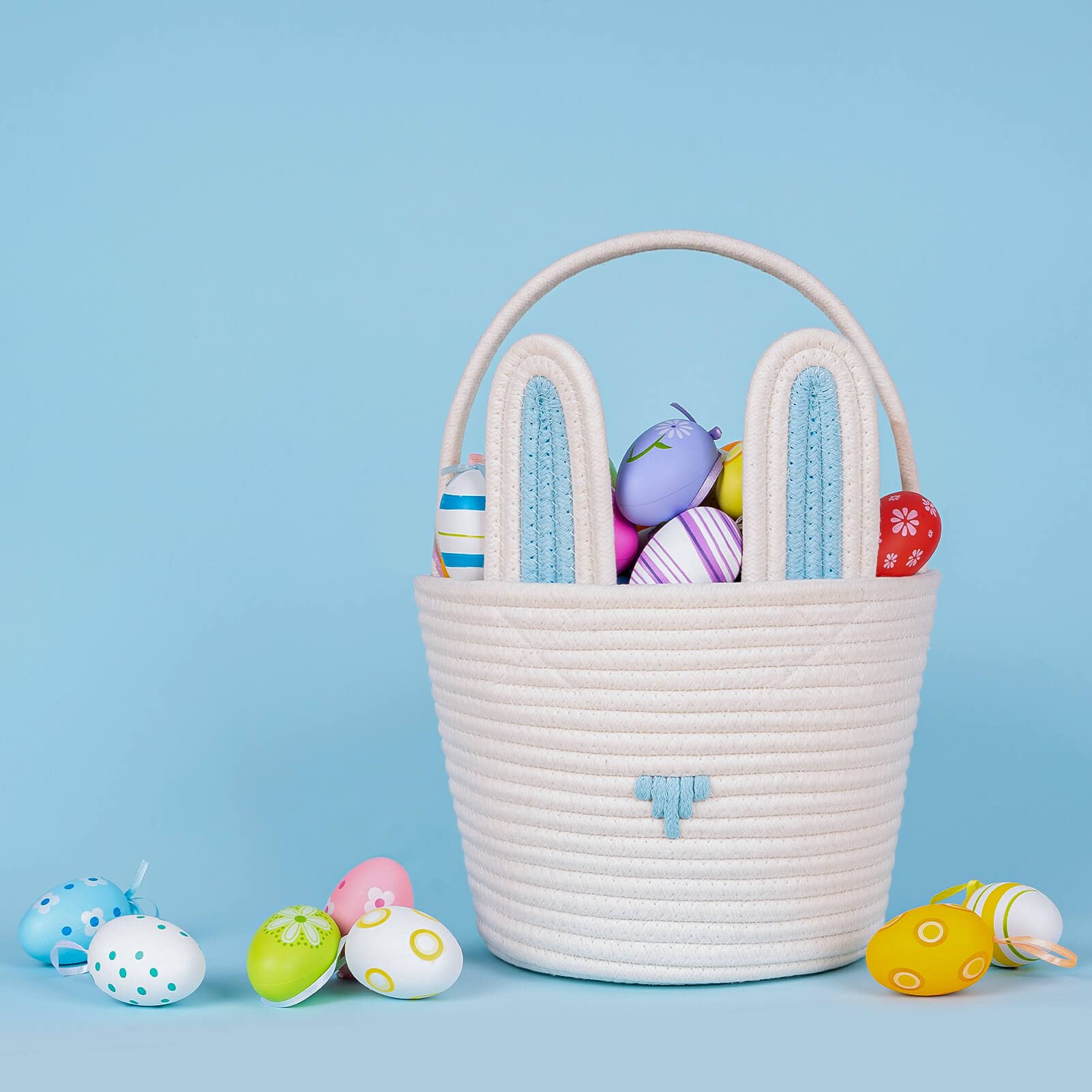 CubesLand Easter Basket for Boys Girls Easter Bunny Basket with Rabbit Ears, Easter Egg Hunting Basket Easter Baskets for Children Kids Babies First Easter Gifts Blue White 9.8 x 7.8 x 7.8”