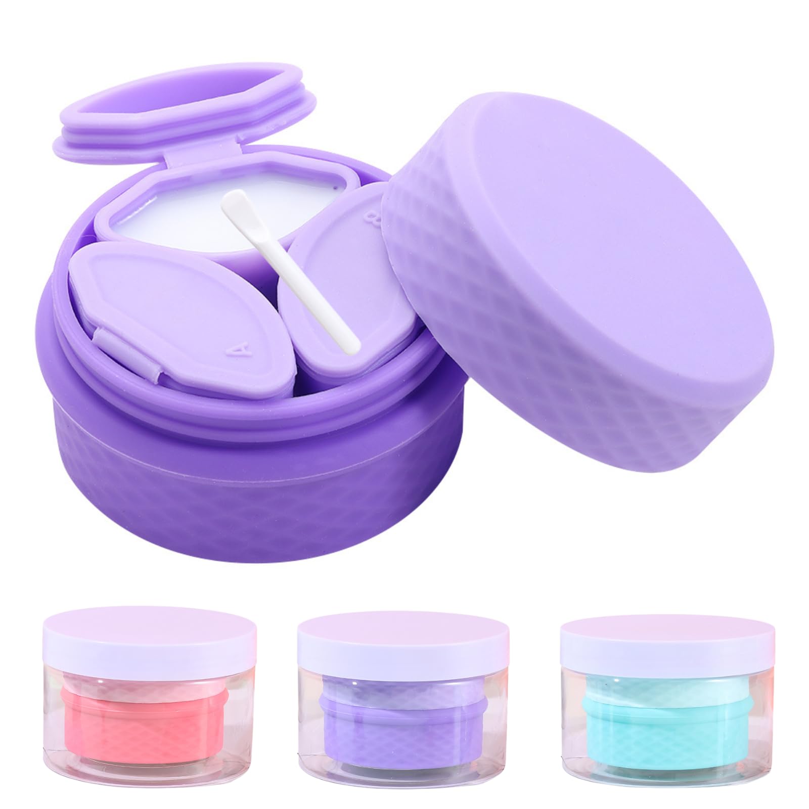 3 in 1 Travel Silicone Makeup Containers for Toiletries Shampoo Lotion Refillable Empty Jars with Spoon, Portable Containers for Trinkets Pills, including 3 Dispensers & 1 Protective Box (Purple)