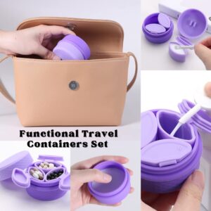 3 in 1 Travel Silicone Makeup Containers for Toiletries Shampoo Lotion Refillable Empty Jars with Spoon, Portable Containers for Trinkets Pills, including 3 Dispensers & 1 Protective Box (Purple)